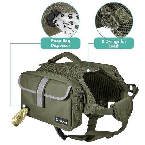 PetAmi Dog Backpack for Medium Large Dogs, Hiking Saddle Bag, Olive Canvas - color: Olive Canvas, size: Large