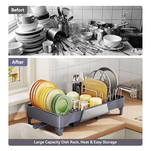 Urackify Large Dish Drying Rack, Expandable Dish Drainer, Gray