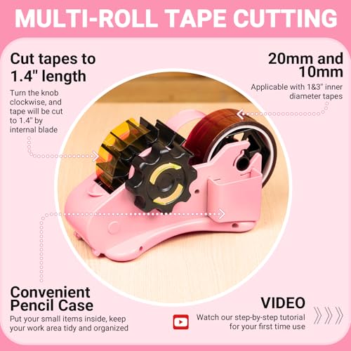 THINKLEARN Tape Dispenser with Scissors and Utility Knife, Light Pink - color: Light Pink