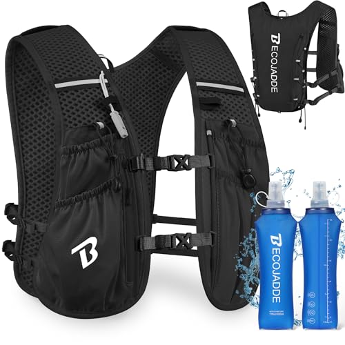 BECOJADDE Running Vest for Women Men, 5L/6L Lightweight Hydration Backpack Running Pack for Marathon, Trail, Cycling, Hiking, Jogging - color: Jet Black