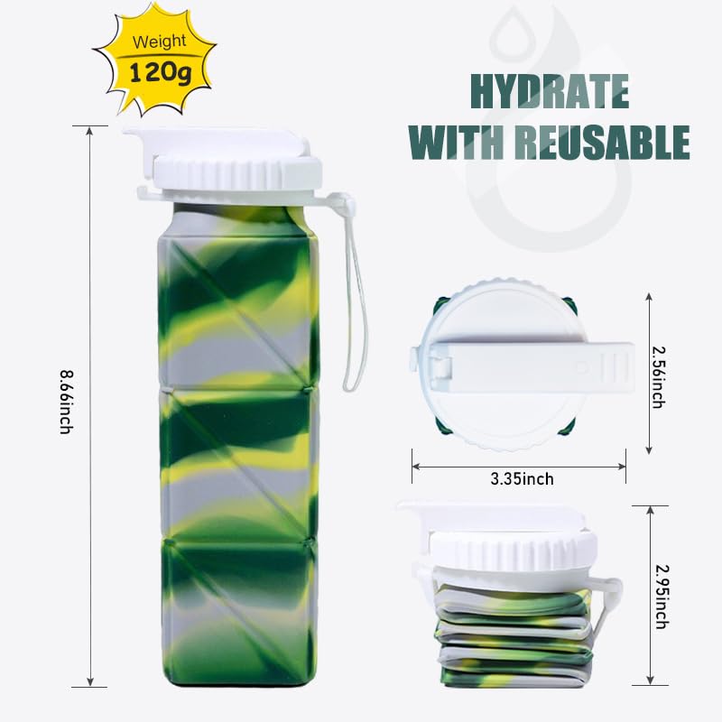 Collapsible Water Bottle with Anti-Collapse Ring Leak Proof Foldable Silicone Bottle for Travel Camping Hiking Running Sport (Grey Green)