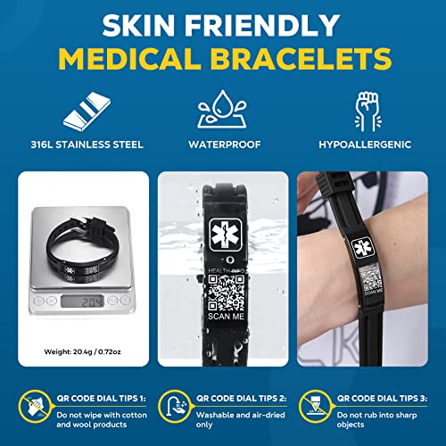 Medical Bracelets for Men Women with QR Code Medical Alert ID Bracelets - color: Obsidian Black