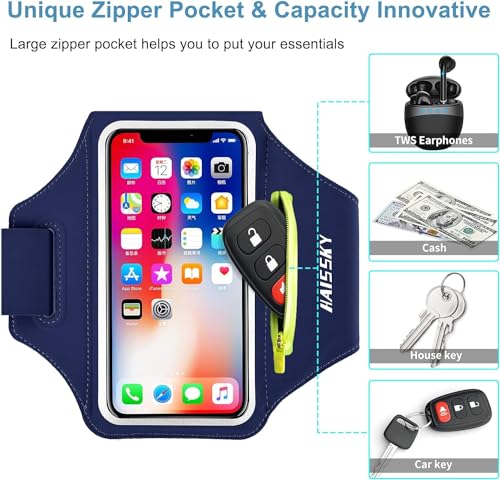 HAISSKY Running Armband with Zipper Pocket,Sweatproof Phone Armband 6.9" - color: Navy blue(Up to 6.9")
