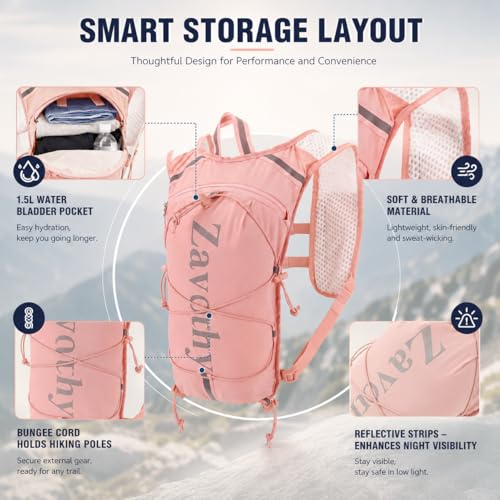 Zavothy Hydration Vest Pack with 1.5L Water Bladder, Lightweight 6L Hydration Backpack for Running, Hiking & Cycling, Breathable Reflective Hydration Vest for Men & Women - color: Pink