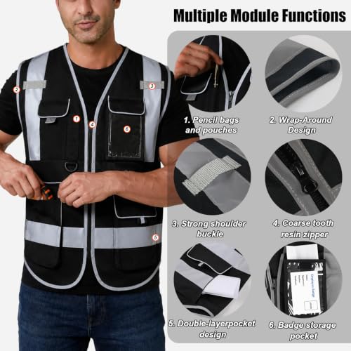 HYCOPROT High Visibility Safety Vest Hi Vis Reflective Construction Vests with Pockets for Men Women,Meets ANSI/ISEA Standard - color: Black, size: 4X-Large