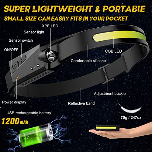 2 Pack LED Headlamp, Rechargeable Motion Sensor Wide Beam Headlight