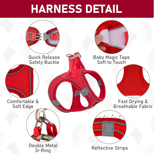 GAMUDA Small Pet Harness Collar and Leash Set, Step in No Chock No Pull Linen Fabric Soft Mesh Dog Vest Harnesses Reflective for Dogs Puppy Cats Kitten Rabbit (Red, S) - color: Red, size: Small