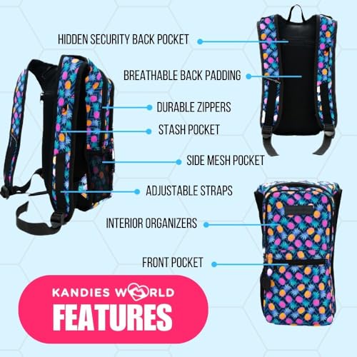 Kandies World Reflective Festival Hydration Pack - 2L Hydropack for Raves, Hiking, Biking, Running, and More (with Anti-Theft Pocket) - style: Pineapple