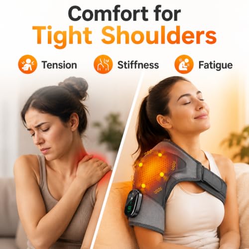 Cordless Heated Shoulder Wrap with Quiet Vibration Massage, Shoulder Heating Pad for Stiff Muscles & Everyday Comfort, Adjustable Left & Right Shoulder Brace for Men Women, Gray