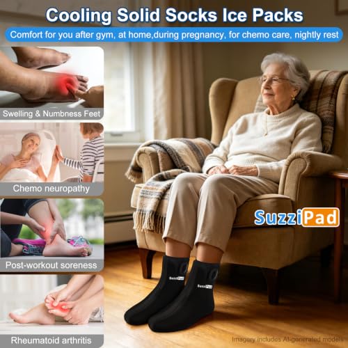 SuzziPad Cold Therapy Socks, Adjustable Ankle Ice Pack Wrap for Chemo, M - size: S