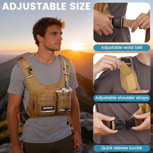 Hydration Pack Vest – Lightweight Chest Pack 2.0L Hands-Free Water Bladder Backpack, Reflective Strips, Adjustable Fit for Men and Women, Ideal for Marathon, Trail Running, Hiking, Cycling - color: Khaki