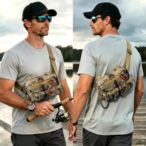 Outdoor Chest Bag for Men, Water-Resistant Fishing Chest Pack, Tactical Vest for Running, Cycling, Hiking - color: Khaki Camo