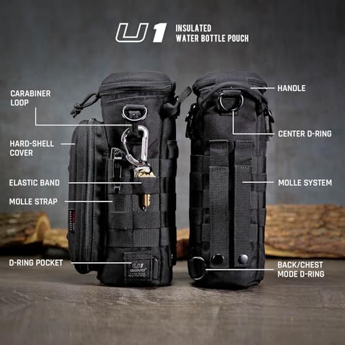 GOVO U1 Water Bottle Pouch with Zippered Hardshell Cap, Fits Up to 40oz Bottle, Molle System, Heavy Duty, Made With 100% Nylon - color: Black