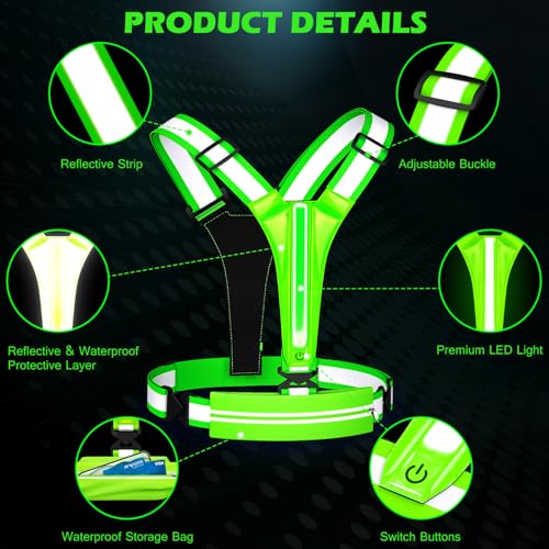 LED Reflective Vest Running Gear, USB Rechargeable Light Up Running Vest Chest Phone Holder for Runners Night Walking - color: Green