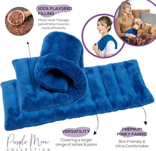 Purple Moon Collection - Microwavable Heating Pad for Neck & Shoulders - 6x16 in, Blue - Flaxseed Heat Pack - Weighted Hot & Cold Therapy Compress Wrap for Pain Relief, Menstrual Cramps, Sore Muscles - color: Blue