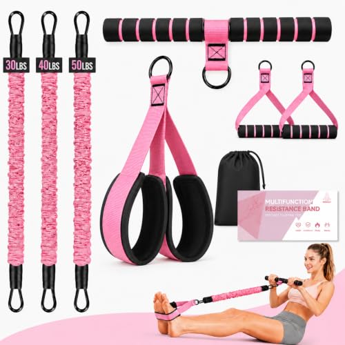 MENOLY Multifunction Pedal Resistance Band with Handle, 3 Different Levels Tube Adjustable Resistance Bands for Abdomen, Waist, Arm, Core/ABS, Leg Workout for Women Men
