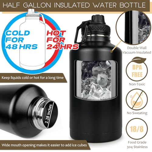 DEFUNX Half Gallon Water Bottle with Sleeve - 64 Oz Insulated Water Jug with Strap Stainless Steel Big Gym Water Bottles for Men Sports Workout Hiking Camo Black - color: Black Bottle with Black Camo Sleeve, style: 64 Oz Water Bottle