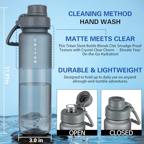 OLDLEY 32 oz Water Bottle with Handle, BPA-Free Tritan Reusable Sports Water Bottle with Leak-Proof Dust Lid, Wide Mouth, Cup Holder Friendly, Half Frosted Clear Bottle for Gym, Travel, Work,Gray - color: Gray