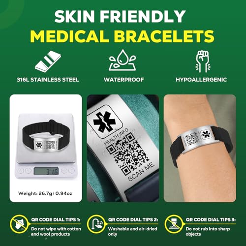 Medical Bracelets for Men Women with QR Code Medical Alert ID Bracelets - color: Agate Black Silver