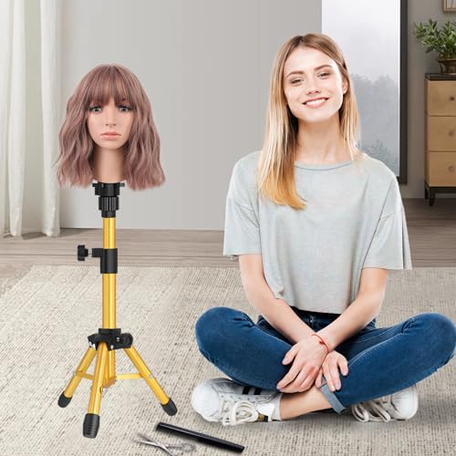 ZQIAN BEAUTY Wig Stand Tripod, 25 Inch Adjustable Mannequin Head Stand, Wig Head Stand for Training Heads And Canvas Block Head (Golden, Mannequin Head Not Included) - color: Golden, size: 25 Inch
