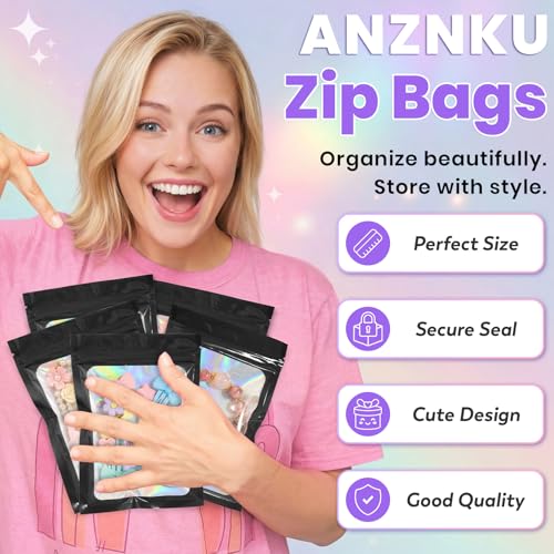 ANZNKU Holographic Mylar Bags 5x8 Black Resealable 50PCS Candy Goodie Bags - color: Holographic Black, size: 5x8 Inch