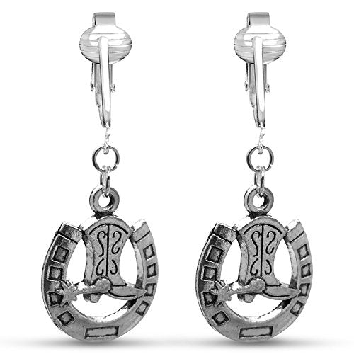 Aloha Earrings Bright & Fun Clip Earrings, Lightweight Stars, Owls, Eiffel Tower, Horse, Cowgirl, Hearts, Elephant, Kitty, Daisy Dangling Charm Designs for Clip Ears - color: Cowgirl Boots/Horse Set of 2