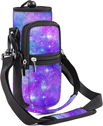 25/32/40/64oz Water Bottle Bag Holder Carrier-Insulated Crossbody Sling Case Sleeve with Strap & Pockets for Men Women Gym Cycling Travel Walking Hiking Camping - color: Purple Galaxy, size: 32oz