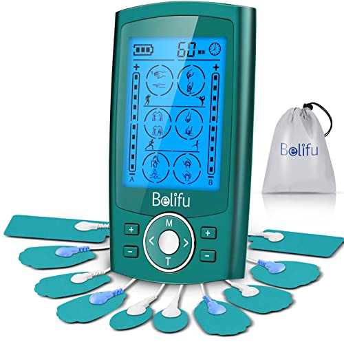 Belifu Dual Channel TENS EMS Unit 24 Modes Muscle Stimulator for Pain Relief Therapy, Electronic Pulse Massager Muscle Massager with 10 Pads, Dust-Proof Drawstring Storage Bag, Fastening Cable Ties - color: Green