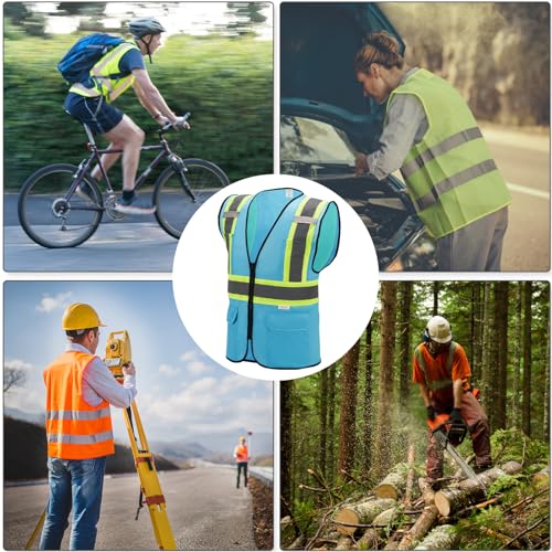High Visibility Reflective Safety Vest with Zipper and Pockets Sky Blue,L - color: Sky Blue, size: Large