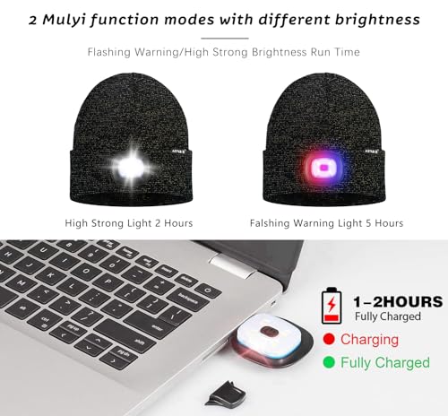 ATNKE LED Lighted Beanie Hat,USB Rechargeable 4 LED Red and Blue Flashing Running Headlamp Cap Gifts for Men and Women - color: #Blended Black Goldwire