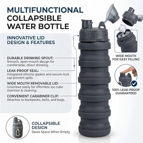 Collapsible Water Bottles Travel water bottle Sports Portable Sport Water Bottle Reusable Water Bottles comes with mountaineering Buckle 500ml silicone Water-proof camping water bottle - color: Purple+Grey, style: 2 pack