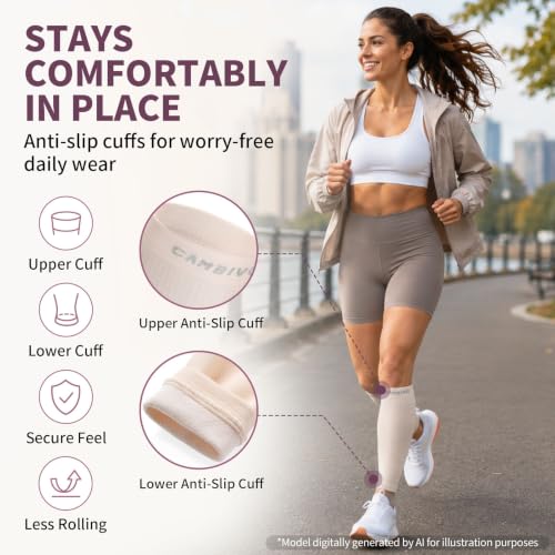 CAMBIVO Calf Compression Sleeves for Women Men, 12-18mmHg, Beige - color: Beige, size: Large
