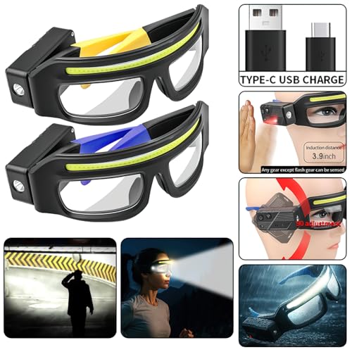 LED Glasses Rechargeable Headlight with Motion Sensor and Touch Control, 5 Modes USB C Lighted Glasses for Night Running,Camping, Fishing, Cycling, Hiking, Hands-Free Lighting (Yellow) - color: Yellow