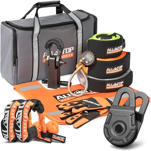 ALL-TOP Recovery Pack Extreme 11in1: Water-Resist Offroad Gear Bag with Recovery Strap Kit(3), Damper, 2 Soft Shackles, SK Hitch Mount, Forged Pulley, Deflator & Gloves - color: Gray, Extreme Recovery Pack