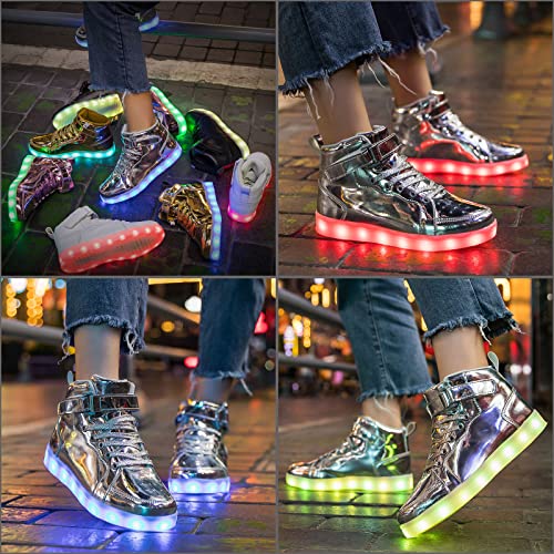 Hot Dingding Light Up Sneakers High Top LED Flashing Shoes, USB Rechargeable Glowing Luminous Shoes for Men Women Teens Halloween Party - color: Silver, size: 9 Women/7.5 Men