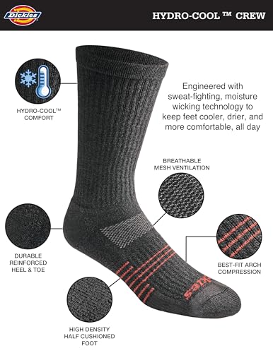Dickies Men's HYDRO-COOL Moisture Control Crew Socks (6 Pairs) - color: Charcoal (6 Pairs)