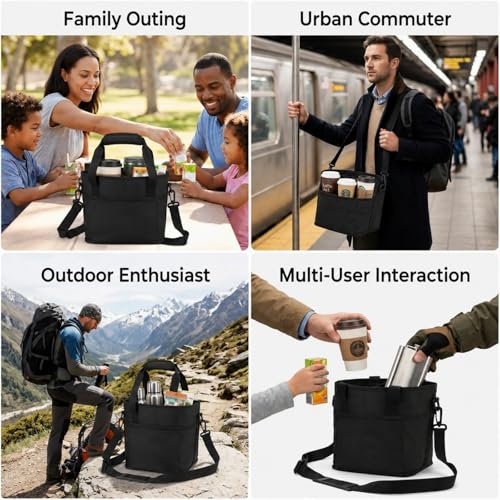Drink Carrier Bag, 4 Compartment, Insulated Drink Carrier – Water Bottle Holder with Strap, Padded Handle Grip, Family Picnic Cooler Bag for Travel, Commute (Black) - color: Black