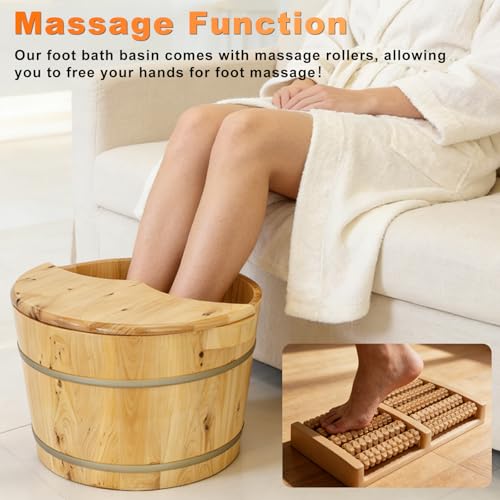tonchean 15.74in*12.2in*10.23in Wooden Foot Bath Bucket, Thick Insulated Wooden Foot Basin with Massage Roller and Lid Foot Wash Bucket for Foot Bath, Massage, Spa Suitable for All Ages