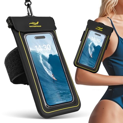 2-in-1 Waterproof Phone Pouch & Phone Armband Floating, Underwater Water Proof Phone Case with Detachable Strap, Waterproof Bags Up to 6.9", Beach Vacation Water Park Essentials Black