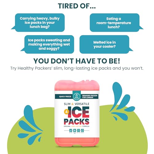 Healthy Packers Ice Packs for Lunch Boxes, Slim Cooler Ice Packs - color: Red (4 Pack)