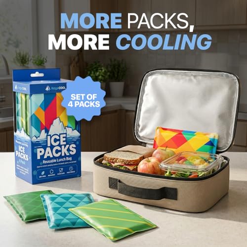 4 Pack Slim Ice Packs for Lunch Boxes, Reusable Kids Cold Packs for Coolers