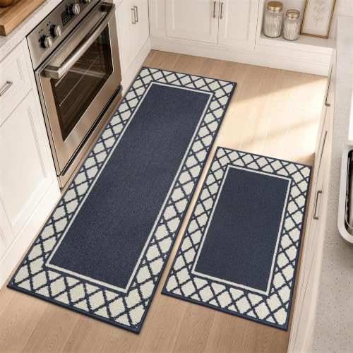 COSY HOMEER Washable Kitchen Rugs Sets of 2 Non-Slip Kitchen Mats,Navy - color: Navy Blue, size: 20"x30" + 20"x48"