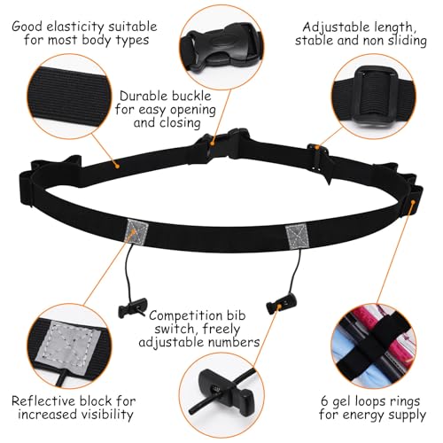 2Pcs Race Number Belt Race Bib Belts with 6 Energy Gel Loops for Marathon Triathalon Running No Safety Pins Required (Black) - color: Black
