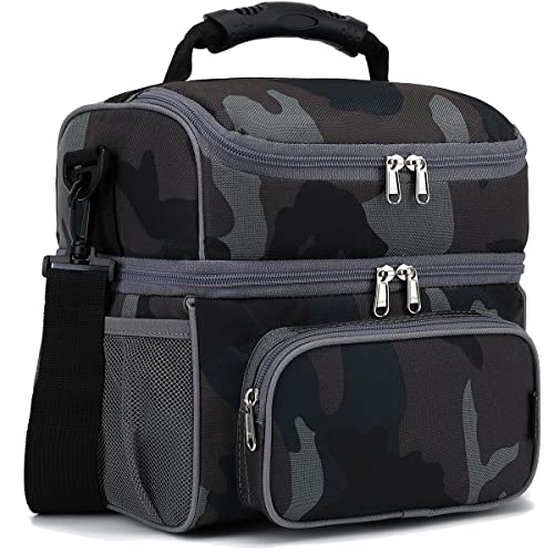FlowFly Double Layer Cooler Insulated Lunch Bag Adult Lunch Box Large Tote Bag for Men, Women, With Adjustable Strap,Front Pocket and Dual Large Mesh Side Pockets - color: Black#Camo