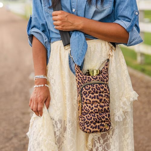 WanderFull® Original HydroBag®, Fits Up to 32 oz Water Bottle Holder with Strap, Gift for Women, Hands-Free Crossbody, Water Bottle Carrier Bag with Phone Pocket - color: Leopard Print