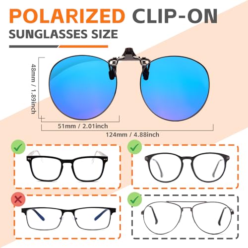 JO Polarized Clip-On Sunglasses UV400 Anti-Glare Lenses with Metal Frame Round - color: Blue, size: 52 mm