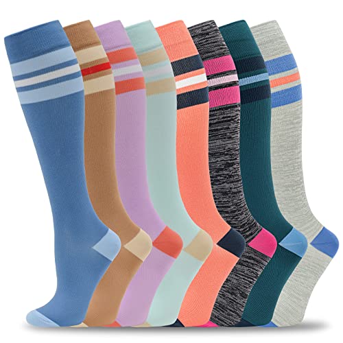 fenglaoda 8 Pairs Compression Socks for Men & Women 20-30 mmHg Knee High Nurse Pregnant Running Medical and Travel Athletic - color: 11-8 pairs, size: Small-Medium