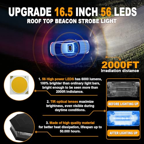 ASPL 16.5 Inch Roof Top Beacon Warning Strobe Light for Trucks Blue White - color: Blue/White