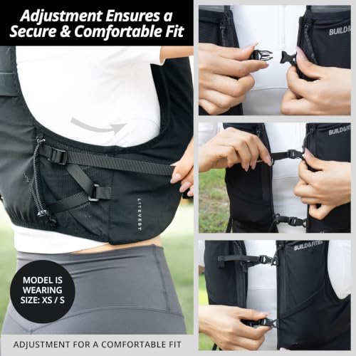 Build & Fitness LITEVEST Running Vest with 2X 500ml Soft Flasks – 7 Pockets, Lightweight, Breathable Hydration Vest – Premium, Secure, Comfort & Style for Training, Trails, Marathons & Everyday Runs - size: XS / S