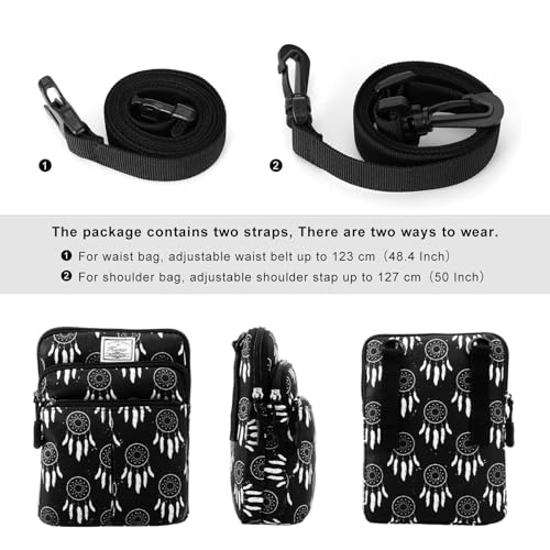KAMO Multifunction Phone Waist Bag - Diagonal Cross Body Smart Phone Case Outdoor Bag with Triple Zip for Women & Men - color: Black-Circle flower